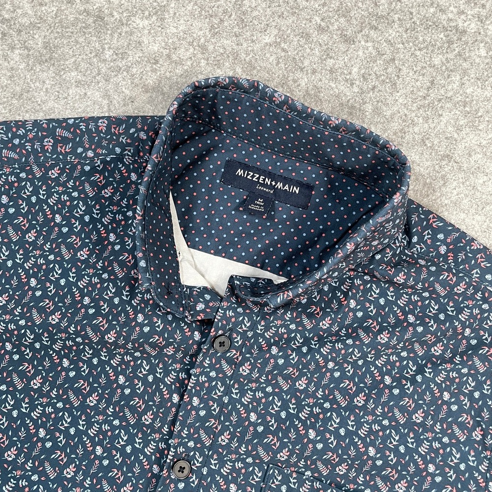 Mizzen+Main Mens Button Front Shirt Size M Navy Floral Leeward Trim Short Sleeve